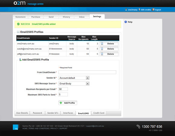 Example of configuration in the one2many message centre